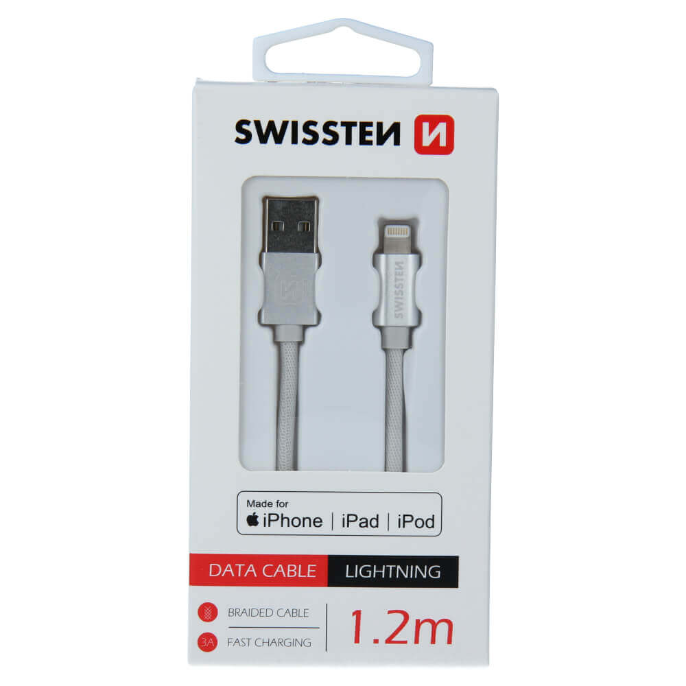 Textilný dátový kábel Swissten USB / LIGHTNING MFi 1,2 M  - strieborný